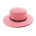 Detail of pink straw hat weaving texture and black band with silver metal rivets - M (56-58cm) / Deep Pink