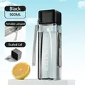 Sleek 500ml smoke grey square plastic sports bottle with black lid and portable strap - 500ml / Black