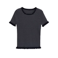 Short sleeve knitted striped top for women featuring lettuce edge hem and round neck design - S / Black