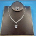 Silver teardrop pendant necklace and earrings set with sparkling rhinestones - Blue Background Deep Stand Water Drop Set (DTN14026636B-S)