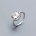 Elegant S925 sterling silver ring with large cushion-cut zircon and halo pave setting - US 6 / White Gold