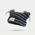 Blue and black striped knit cat ear beanie with bow detailing and a woven label - M (56-58cm) / Dark Grey + Black
