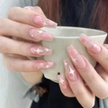 Long coffin press-on nails featuring white stars, pink hearts, and small rhinestones - HY277 Star Heart Rhinestone