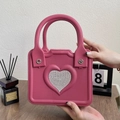 Rose pink EVA beach handbag featuring heart relief and sparkling rhinestone center - Rhinestone Rose Red