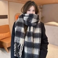 Thick mohair knit scarf with black and white plaid pattern and tassel fringe detail - Small Black (Celebrity Style)
