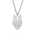 Detailed view of silver stainless steel necklace with geometric hollow wolf head pendant - Curb Chain / Silver