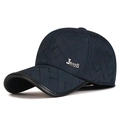 Men's navy blue quilted winter baseball cap with ear flaps and metal jeans logo badge - Adjustable / Navy Blue