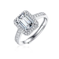 Silver moissanite ring with emerald cut center stone and side diamonds in a side view - Adjustable Open / Rectangular Cut Style (R11562-6.5mm/1 Carat)