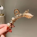 Elegant gold fishtail hair claw clip with white pearls and sparkling rhinestones - Mermaid Tail Pearl Large(FJ145)