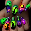 Uñas postizas largas tipo ballet con diseño de Halloween de bruja, gato negro y calabaza - Estilo de Gato Negro Bruja de Ensueño de Halloween (AW467) / 24Pcs/Caja (Incluye Pegamento de Gelatina + Lima)
