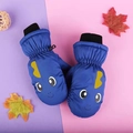Blue waterproof kids ski mittens with cartoon dinosaur design and yellow horns - One Size / Blue Goldfish / 5-8 Years