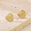 Golden heart-shaped stud earrings with sparkling white zircons on natural stone - Gold (KE115566-KFC)