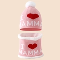 Rosa Winterstrickmütze und Schal Set mit I Love Mamma Text und weißem Webpelzfutter - MAMA Stil / Rosa