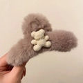 Cute pink plush hair claw clip with a fuzzy cream bear ornament and rhinestone details - Khaki With Bear