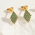 Elegant gold gear earrings with micro-set green round gemstones in a rhombus pattern - Green Zircon