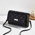 Women's black quilted crossbody wallet with double zippers and gold metal plate detail - Black