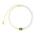 Bracelet élégant en argent sterling S925 avec perles baroques et gemme verte - Bracelet en Perles avec Pierre Verte Design Épissé Or 14K (GPB24-14K-G)