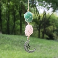 Handmade woven crystal pendant with pink and green raw stones and silver moon charm - Green Aventurine + Rose Quartz (Beige Rope)