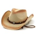 Detail of hand-woven straw cowboy hat with gradient finish and evil eye leather band - M (56-58cm) / Beige Rust Red Gradient