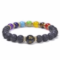 Bracciale chakra in pietra lavica nera con pietre colorate e perla mantra dorata - Stile 7 Chakra in Pietra Lavica Nera (Style-03)