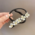 Black high-elastic hair tie with five pearl-like flowers and crystal center ornaments - Flower Style