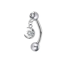 Silver stainless steel curved navel piercing with moon and sun pendant and zircons - Zircon Moon