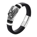 Detailed close-up of eagle head charm on black braided leather punk bracelet for men - Eagle / 19cm