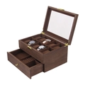 Wooden watch box jewelry storage organizer with glass top and drawer for rings and necklaces. - Double Layer Watch and Jewelry Box / Walnut / Coffee Inner