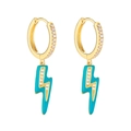 S925 silver needle hoop earrings with light blue lightning pendant and white zircons - Lightning Pendant / Sky Blue/Gold