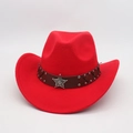 Close-up of red felt cowboy hat featuring leather band and silver star emblem - One Size / Red