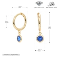 Detail view of gold S925 silver hoop earrings with a blue gemstone charm and measurements - 925 Silver / September Gold Plated (Dark Blue Zirconia)