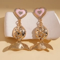 Pink heart drip oil and rhinestone fish earrings in gold finish for women - Gold-Pink (925 Silver Needle)