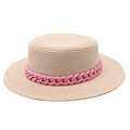 Dettaglio della catena rosa opaca su cappello di paglia a tesa piatta per spiaggia - M (56-58cm) / Rosa