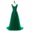 Detail of forest green V-neck evening gown with floral lace embroidery and tulle mesh - S / Green