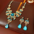Detail of vintage gold filigree jewelry set with blue zircon teardrop pendants - Blue Necklace and Earring Set (2-Piece)