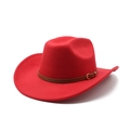 Detail of red wool cowboy hat with brown leather band and golden buckle closure - M (56-58cm) / Red