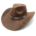 Cappello da cowboy marrone con texture serpente, fascia intrecciata e fibbia a testa di toro - M (56-58cm) / Cachi Serpente