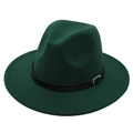 Close-up of a dark green wool felt fedora hat featuring a black leather band and metal buckle - M (56-58cm) / Dark Green (Black Leather Band)