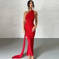 Detail of elegant red one-shoulder dress with a long flowing ribbon and slim fit - S / Red