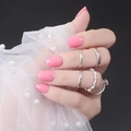 Unghie finte corte quadrate rosa lucido con anelli in argento e rete di perle - Rosa Lucido (DFL-03)