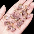 Irregular natural pink crystal stone pendant with gold plated edge and top bail - Strawberry Quartz