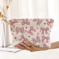 Beige corduroy makeup bag with pink bow prints and gold zipper detail - Beige Bow Star Heart (MT0226023)
