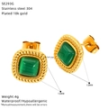 Detail view of 18k gold plated stainless steel stud earrings with green cat eye stones - Square Rope Pattern Green Cat's Eye Style (SE293G)