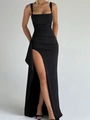 Sexy black backless maxi dress with halter neck and side high slit for evening wear - XS / Black