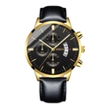 Macro shot of business quartz watch dial showing golden hands and date window - Leather Gold Case Black Face