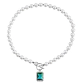 Elegant pearl necklace with OT toggle clasp and emerald green rectangular pendant charm - Steel with Green Stone