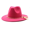 Detail of wool fedora with rose red wide brim, golden chain, pearls and tassels - M (56-58cm) / Rose Red
