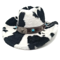 Detail of western cow print felt hat featuring bull head metal buckle and turquoise band - M (56-58cm) / Straight Crown Black