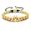 Vintage copper crown bracelet with black woven adjustable cord for men on white background - Gold Crown 8MM Pineapple Beads