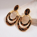 Retro geometric leopard print oval earrings with gold frames on stone background - Leopard Double Layer Drop Earrings
